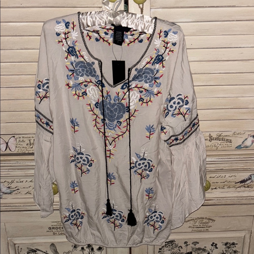 Embroidered Boho Top - Blue and White